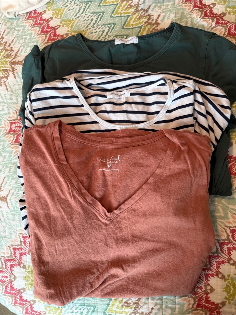 Bearsland Women’s Short Sleeve Tee Trio - Rust, Navy Stripes, Dark Green